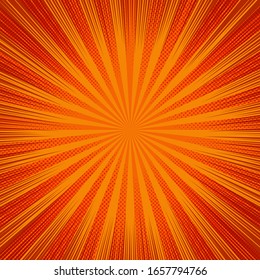 Abstract bright explosive comic background with rays radial and halftone effects. Vector illustration