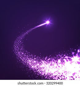 Abstract Bright Falling Star - Christmas Star - Shooting Star with Twinkling Star Trail on Dark Violet Background - Meteoroid, Comet, Asteroid - Backdrop Vector Illustration 