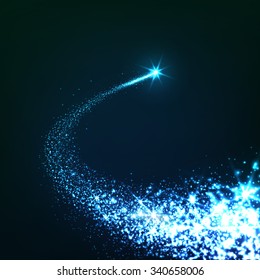 Abstract Bright Falling Star - Christmas Star -  Shooting Star with Twinkling Star Trail on Dark Blue Background - Meteoroid, Comet, Asteroid - Backdrop Vector Illustration 