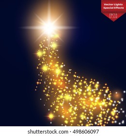 Abstract Bright Falling Star - Christmas Star - Shooting Star with Twinkling Star Trail on Dark Blue Background - Meteoroid, Comet, Asteroid - Backdrop Vector Illustration