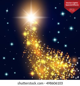 Abstract Bright Falling Star - Christmas Star - Shooting Star with Twinkling Star Trail on Dark Blue Background - Meteoroid, Comet, Asteroid - Backdrop Vector Illustration