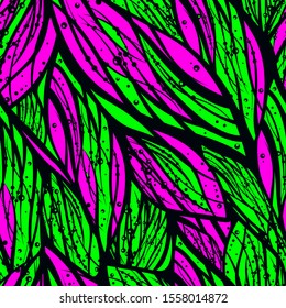 Abstract bright fashionable seamless pattern with water, flower, wind, feather or floral elements. Vector illustration with tropic exotic natural tune. Neon fluorescent violet and green colors