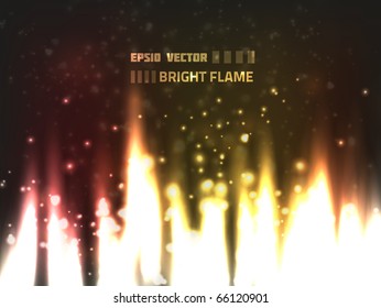 Abstract bright flame design with fire burning on dark background and blurry particles flying around