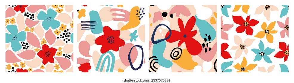 Abstract Bright Flower Bold Seamless Pattern Set. Colorful Organic Floral Shapes Creative Print. Vector Illustration. Trendy Bold Flowers, Tiny Daisy Pattern for Wallpaper, Wrapping Paper, Packaging.