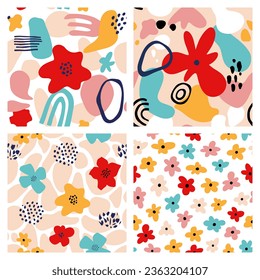 Abstract Bright Flower Bold Seamless Pattern Set. Colorful Organic Floral Shapes Creative Print. Vector Illustration. Trendy Bold Flowers, Tiny Daisy Pattern for Wallpaper, Wrapping Paper, Packaging.