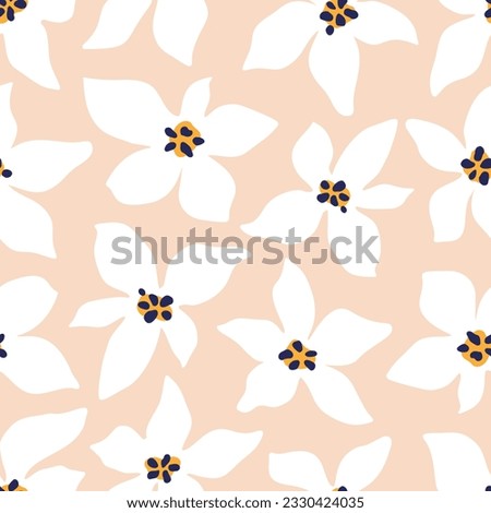 Abstract Bright Flower Bold Seamless Pattern. Colorful Organic Floral Shapes Creative Print. Peach Colors Vector Illustration. Trendy Bold Daisy Pattern for Wallpaper, Wrapping Paper, Packaging.