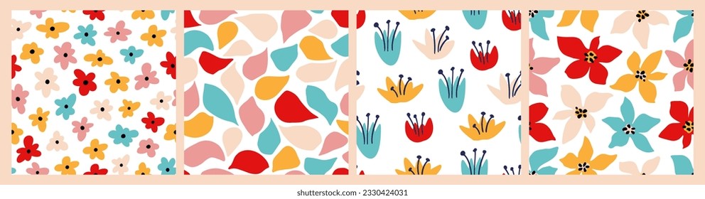 Abstract Bright Flower Ditsy, Tulip Seamless Pattern Set. Colorful Organic Floral Shapes Roses Petals Print. Vector Illustration. Trendy Bold Daisy Pattern for Wallpaper, Wrapping Paper, Packaging.