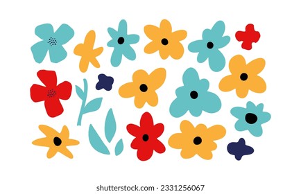 Abstract Bright Flower Set. Trendy Organic Floral Shape Print. Cute Kids Vector Illustration Isolated on White Background. Trendy Bold Naive Flower for Social Media Design, Branding, Logo, Packaging.