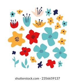 Abstract Bright Flower Set. Trendy Organic Floral Shape Print. Cute Kids Vector Illustration Isolated on White Background. Trendy Bold Naive Flower for Social Media Design, Branding, Logo, Packaging.