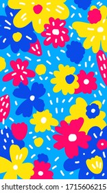 Abstract bright flowers background. Hand drawn flowercover  for birthday card, summer party invitation, seasonal sale, modern art gallary advertising, t shirt picture or bag print etc. 