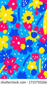 Abstract bright flowers background. Hand drawn flowercover  for birthday card, summer party invitation, seasonal sale, modern art gallary advertising, t shirt picture or bag print etc. 