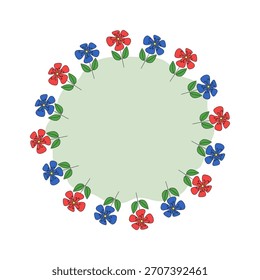 Abstractas flores brillantes. Marco redondo, borde. Anuncio floral con espacio para texto, tarjeta de felicitación colorida, invitación. Dibujando, garabateando.