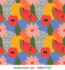 Abstract bright fruits seamless pattern with watermelon, pineapple, apple and papaya.  vector graphic  