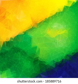 Abstract bright geometric background with triangle object in the colors of the Brazilian flag.  Vector illustration.