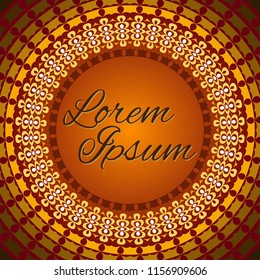 Abstract bright geometric pattern. Round yellow frame on brown background. Template for party invitation, greeting card, postcard, birthday, Mother's Day. Vector illustration. Place for your text