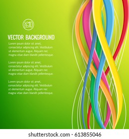 Abstract bright geometric template with text and colorful interweaving ribbons on green background vector illustration