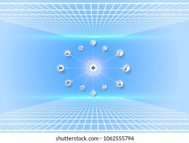 Abstract bright glitter blue background. health care icon pattern medical innovation concept design.Vector illustrations.