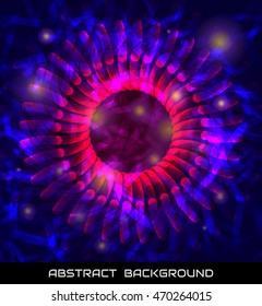 Abstract bright glowing background. Red Funnel on alien blue-purple background with glowing spots. Vector illustration