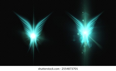 Abstract bright glowing phoenix wings with sparkling rays effect. Bright glowing angel wings.