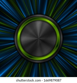 Abstract bright glowing technology background with metallic circles and shiny rays. Futuristic vector design