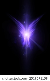 Abstract bright glowing wings with sparkling star effect. Purple glowing angel wings.