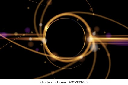Abstract bright gold luxury background. Vector illustration element with gold wave line, glow neon light effect on dark, black color background. Graphic design for poster, technology banner template