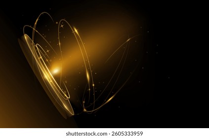 Abstract bright gold luxury background. Vector illustration element with gold wave line, glow neon light effect on dark, black color background. Graphic design for poster, technology banner template