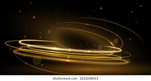 Abstract bright gold luxury background. Vector illustration element with gold wave line, glow neon light effect on dark, black color background. Graphic design for poster, technology banner template