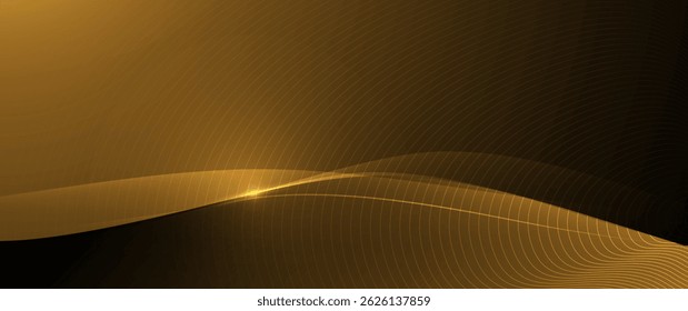 Abstract bright gold luxury background. Vector illustration element with gold wave line, glow neon light effect on dark, black color background. Graphic design for poster, technology banner template