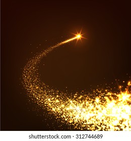 Abstract Bright Golden Falling Star - Shooting Star with Twinkling Star Trail on Dark Brown Background - Meteoroid, Comet, Asteroid - Backdrop Vector Illustration 