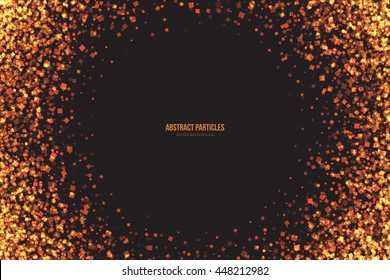 Abstract bright golden shimmer glowing square particles vector background. Scatter shine tinsel light explosion effect. Burning sparks wallpaper. Celebration, holidays and party illustration
