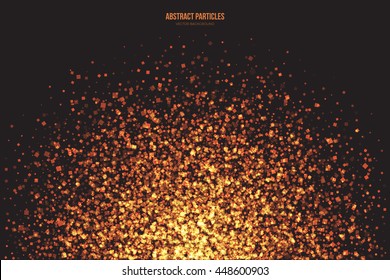 Abstract bright golden shimmer glowing square particles vector background. Scatter shine tinsel light explosion effect. Burning sparks wallpaper. Celebration, holidays and party illustration