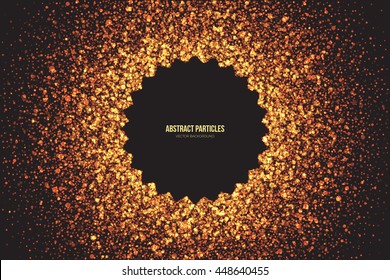 Abstract bright golden shimmer glowing round particles vector background. Scatter shine tinsel light explosion effect. Burning sparks wallpaper. Celebration, holidays and party illustration