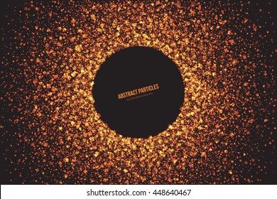 Abstract bright golden shimmer glowing square particles vector background. Scatter shine tinsel light explosion effect. Burning sparks wallpaper. Celebration, holidays and party illustration