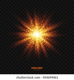 Abstract bright golden shimmer glowing particles transparent vector background. Scatter shining star dust light explosion effect. Burning sparks wallpaper. Celebration, holidays and party illustration