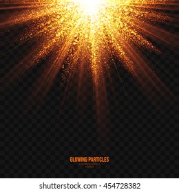 Abstract bright golden shimmer glowing particles transparent vector background. Scatter shining star dust light explosion effect. Burning sparks wallpaper. Celebration, holidays and party illustration