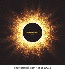 Abstract bright golden shimmer glowing particles transparent vector background. Scatter shining star dust light explosion effect. Burning sparks wallpaper. Celebration, holidays and party illustration