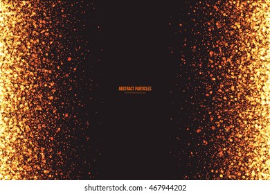 Abstract bright golden shimmer glowing round particles vector background. Scatter shine tinsel light explosion effect. Burning sparks wallpaper. Celebration, holidays and party illustration