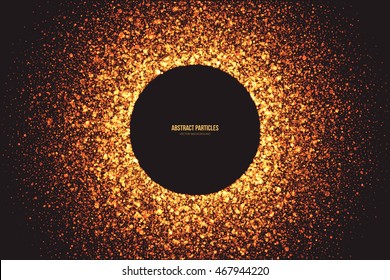 Abstract bright golden shimmer glowing round particles vector background. Scatter shine tinsel light explosion effect. Burning sparks wallpaper. Celebration, holidays and party illustration