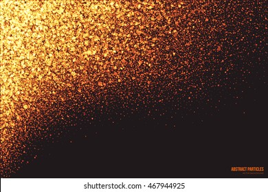 Abstract bright golden shimmer glowing round falling particles vector background. Scatter shine tinsel light explosion effect. Burning sparks wallpaper. Celebration, holidays and party illustration