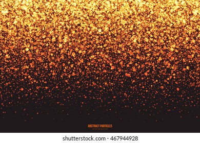 Abstract bright golden shimmer glowing round falling particles vector background. Scatter shine tinsel light explosion effect. Burning sparks wallpaper. Celebration, holidays and party illustration