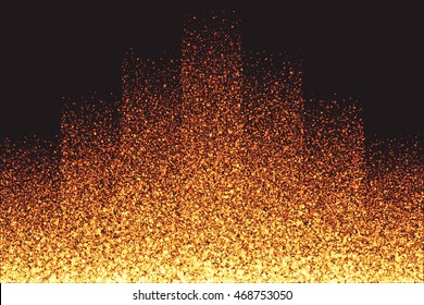 Abstract bright golden shimmer glowing round particles vector background. Scatter shine tinsel light explosion effect. Burning sparks wallpaper. Celebration, holidays and party illustration