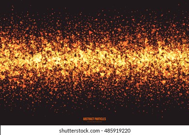 Abstract bright golden shimmer glowing triangular particles vector background. Scatter shine tinsel light explosion effect. Burning sparks wallpaper. Celebration, holidays and party illustration