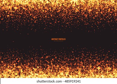 Abstract bright golden shimmer glowing triangular particles vector background. Scatter shine tinsel light explosion effect. Burning sparks wallpaper. Celebration, holidays and party illustration