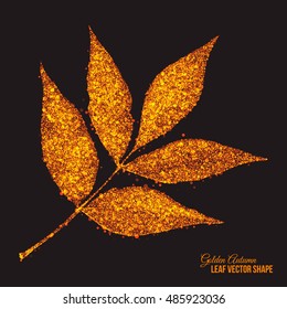 Abstract bright golden shimmer glowing dots in autumn ash-tree leaf shape artistic vector background. Scatter shine tinsel particles light effect. Handmade stippled art floral illustration