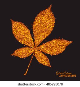 Abstract bright golden shimmer glowing dots in autumn chestnut leaf shape artistic vector background. Scatter shine tinsel particles light effect. Handmade stippled art floral illustration