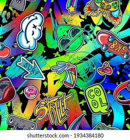 Abstract bright graffiti and monsters pattern. With bricks, paint drips, words in graffiti style. Graphic urban design for textiles, sportswear, prints.
