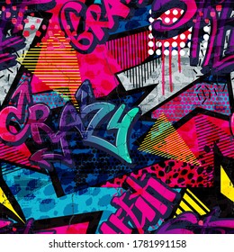 Abstract bright graffiti pattern. With bricks, paint drips, words in graffiti style. Graphic urban design for textiles, sportswear, prints.
