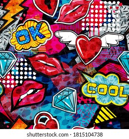 Abstract bright graffiti pattern. With bricks, paint drips, words in graffiti style. Graphic urban design for textiles, sportswear, prints.
