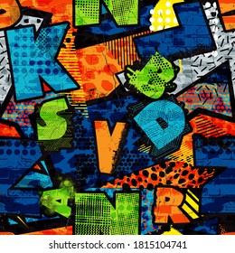 Abstract bright graffiti pattern. With bricks, paint drips, words in graffiti style. Graphic urban design for textiles, sportswear, prints.
